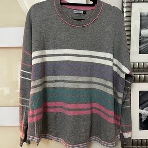 Gray Striped Sweater with Pink and Purple Accents